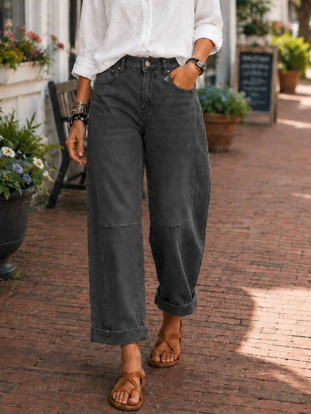NWT Zenana Wide Barrel Leg Cropped Stretch Cotton Jeans Gray High Rise Casual Bo